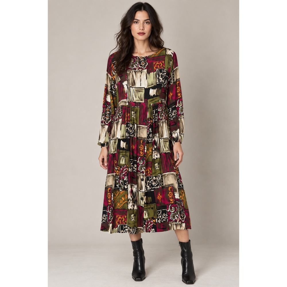 Whimsigoth Artsy Boho Midi Dress Medium Abstract Patchwork Rayon Vintage Kik-Kin